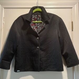 ST JOHN Ribbed Inside Magenta Leaf White Black Design Cuffed Contrast Jacket